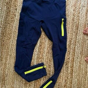 Fabletics Navy Leggings with Neon Yellow Zippers